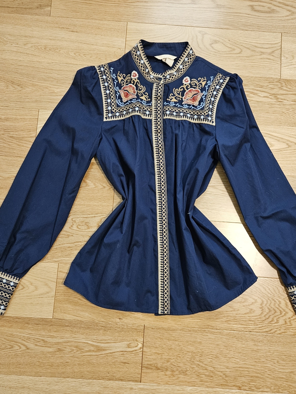 H&M Navy Blue Boho Button-Front Embroidered Yoke Blouse Size 2 Long Sleeve